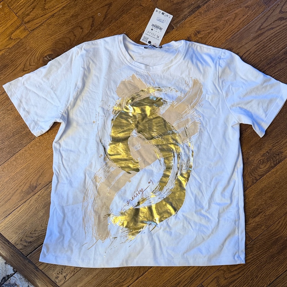 Zara ladies White Tee with Gold Design